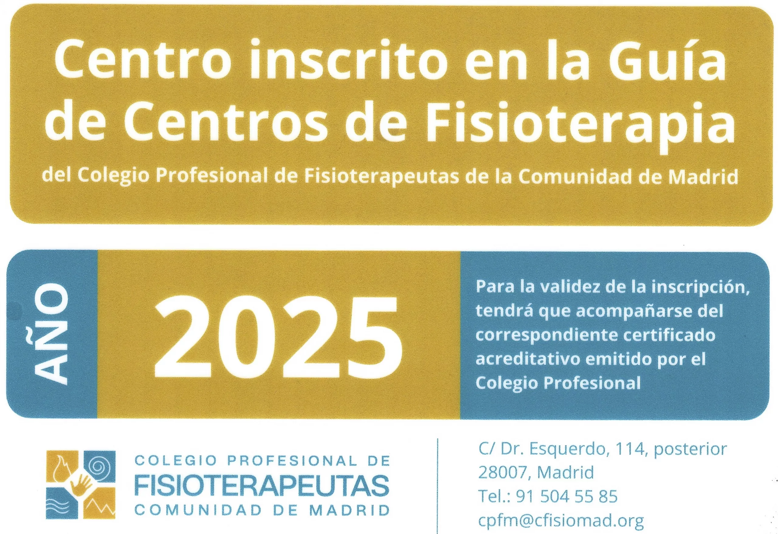 centro inscrito en la guia de centros de fisioterapia de madrid